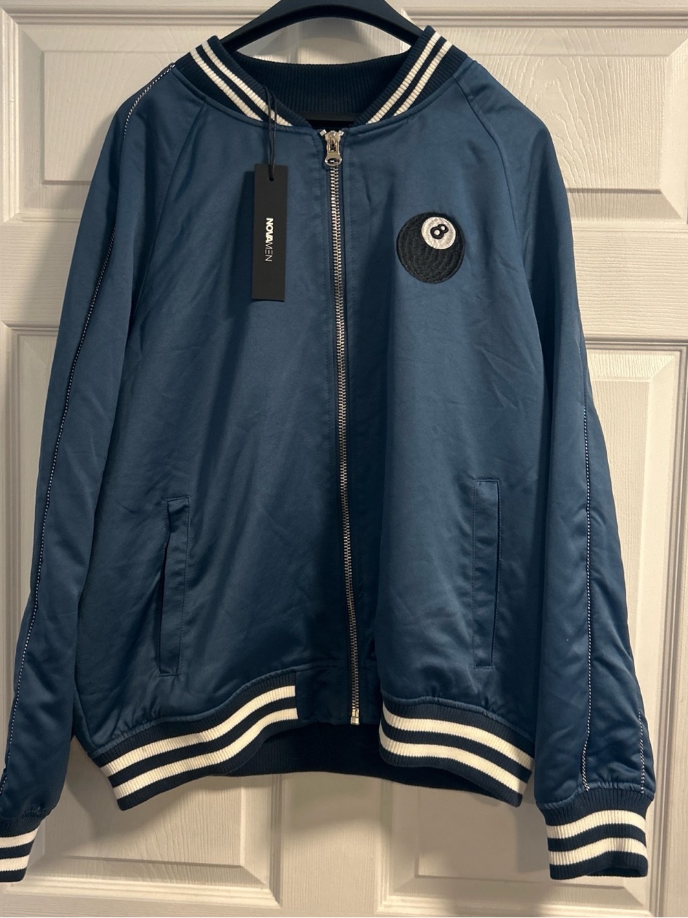 Men's Blue Bomber Jacket with Striped Rib Trim